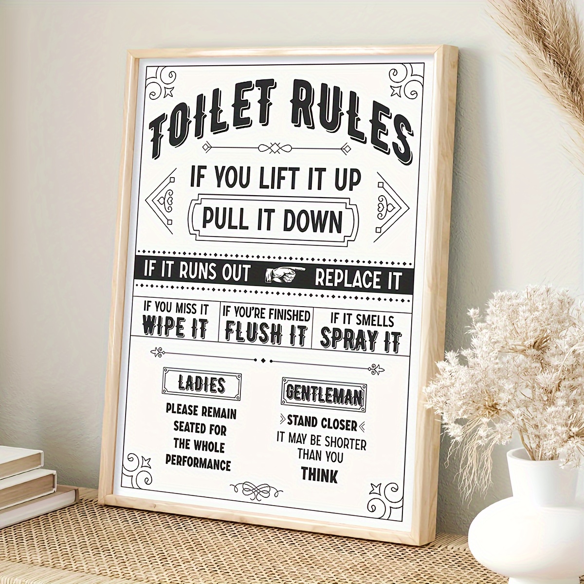 

1pc Sign Canvas - Simple, Interesting, And Humorous Toilet Rules Printed Logo Frame Wood Wall Art For Home Bathroom Decoration