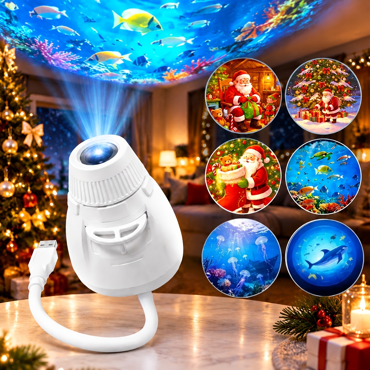 TEMU 1 Set Mini Usb Led Projector Lamp With 6 Interchangeable Slides, Ocean And Christmas Theme Flexible Night Light, Portable Plug And Play Ceiling