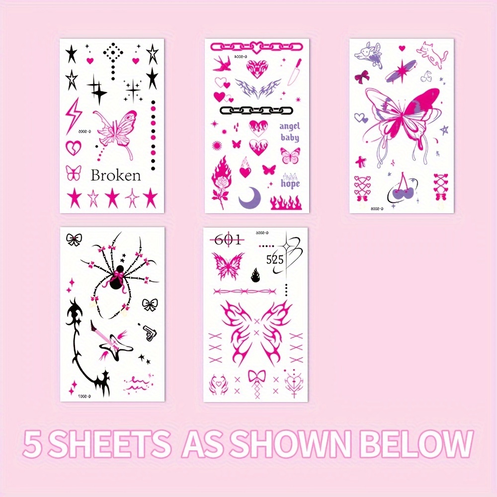 5 Sheets Y2k Finger Tattoos, Black Pink Temporary Tattoos, Temporary Tattoos, Y2k Girl Finger Fake Tattoos