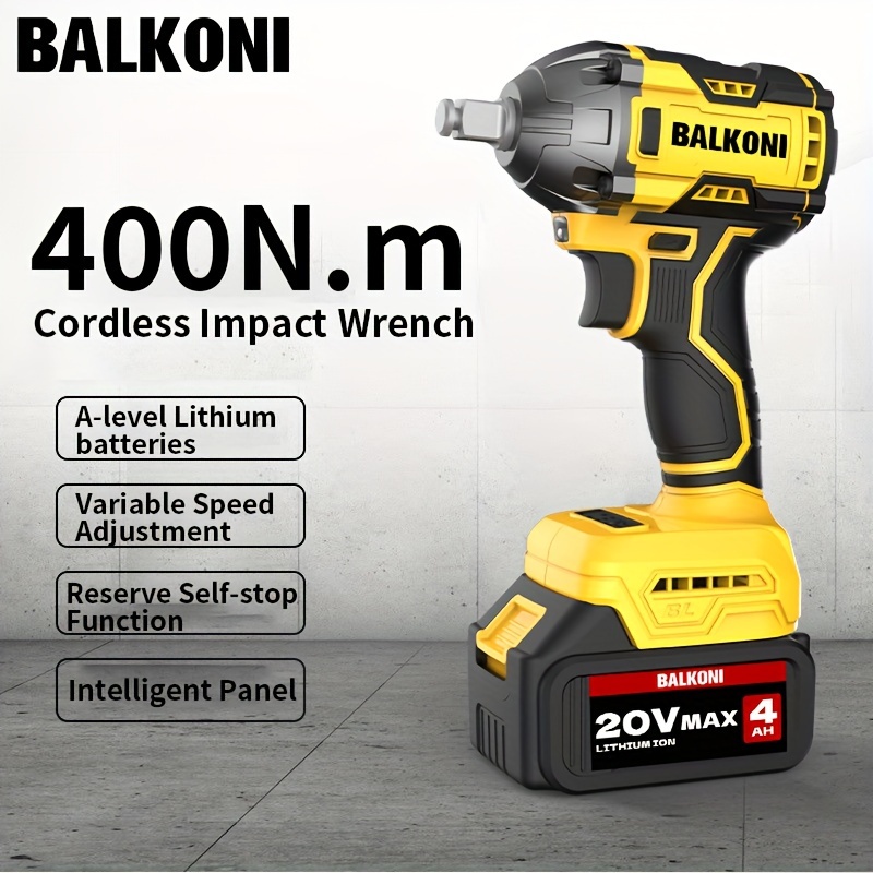 

Balkoni 20v, 400n.m, 295 Lb-ft Torque, Cordless Electric Impact Wrench, 1/2 Inch Shaft, With 4.0ah Battery, Fast Charger, 7pcs Socket And Tool Box, , Brushless Motor, Car Tires, Auto Repair