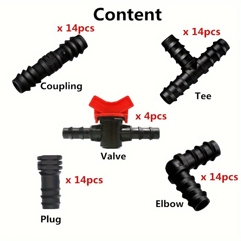 60pcs Drip Irrigation Fittings Kit 1/2 Inch Tubing Set Including 4 Switch Valves, 14 Tees, 14 Couplings, 14 Elbows And 14 End Cap Plugs Drip Irrigation Barbed Connectors For Drip Or Sprinkler System