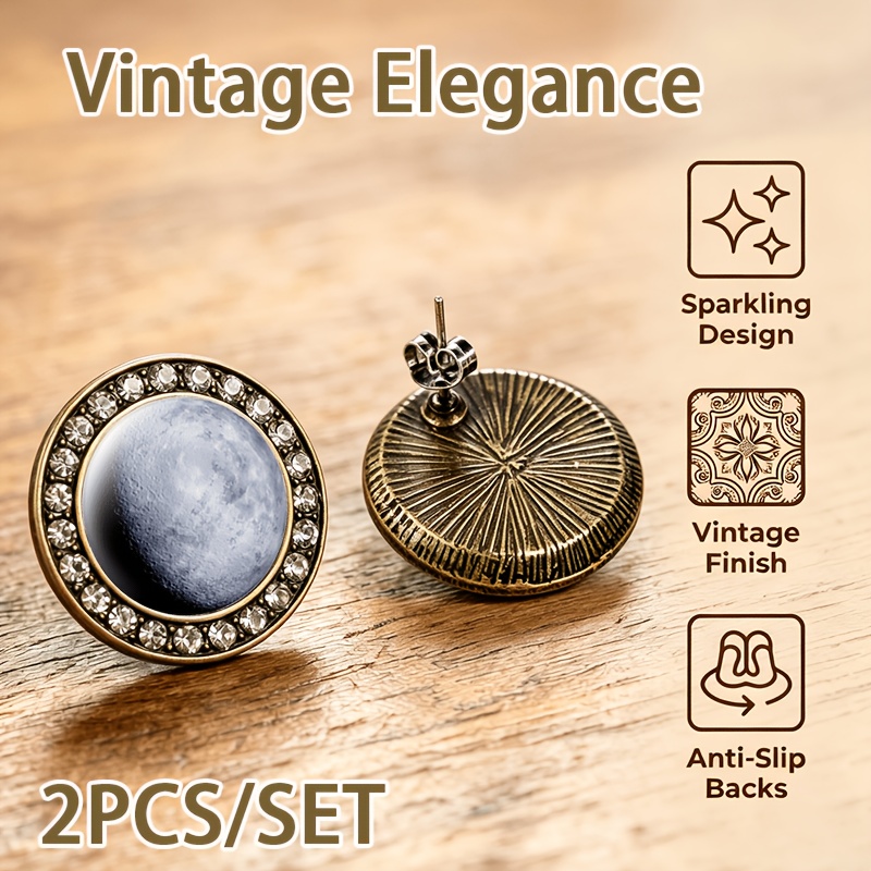 2pcs Translucent Glass-inlaid Stud Earrings, Gray Planetary Design