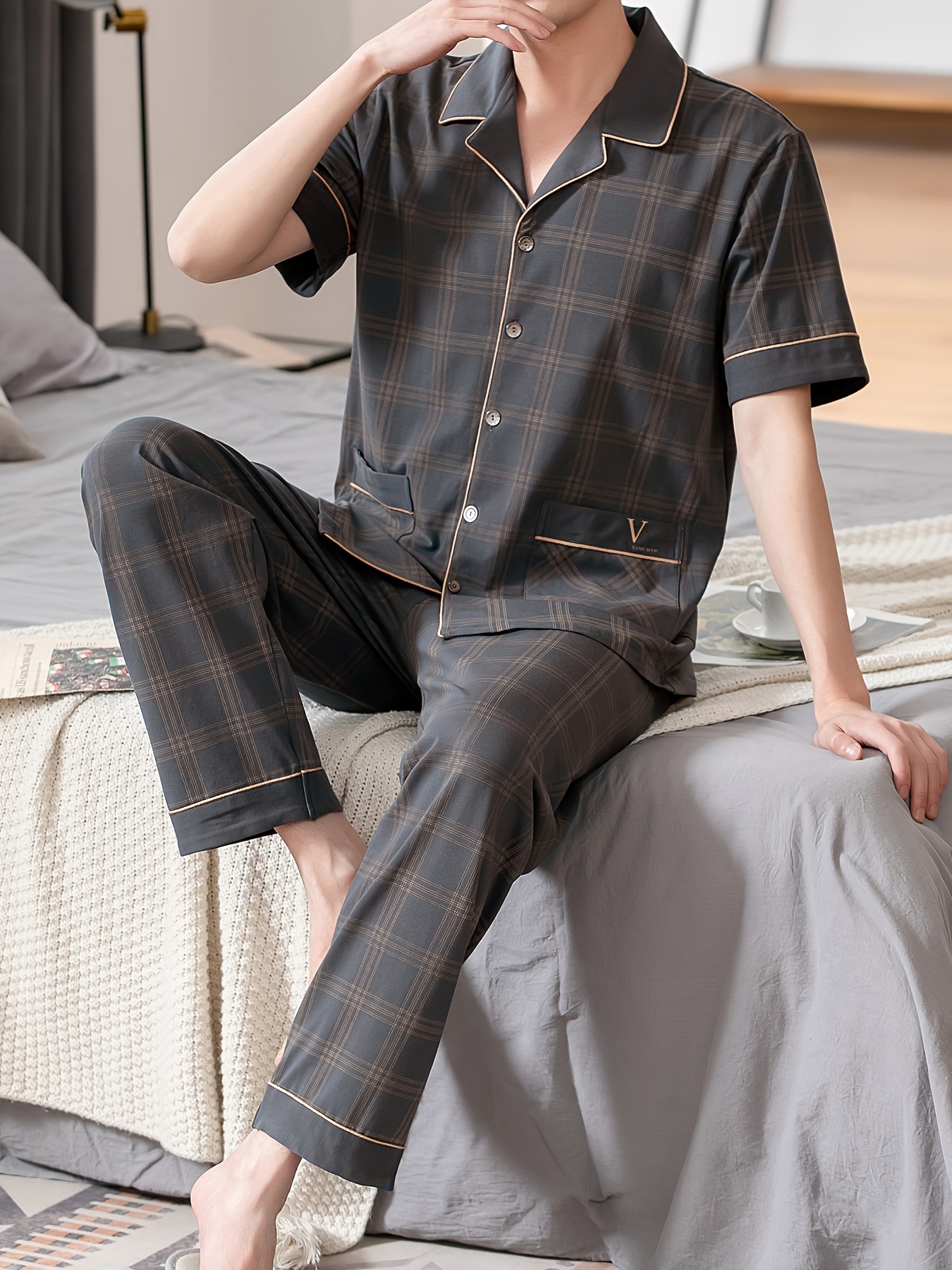 Men's Summer Pajamas with Turned Collar, Pure Cotton, Short Sleeves and Long Pants, Thin Style, Full Cotton, Plus Size, Home Wear Set for Men