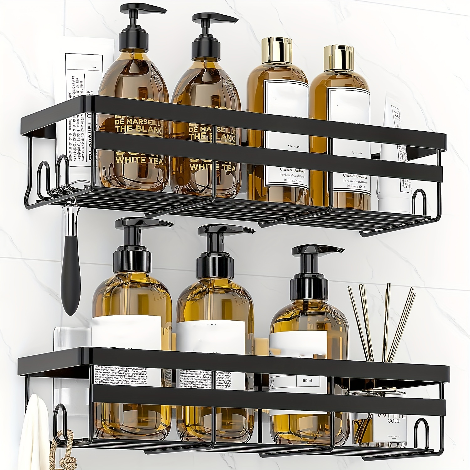 TEMU 2pcs Stainless Steel Shower Caddies - Easy Adhesive Installation, No-drill Wall Shelves For Bathroom Organization & Storage