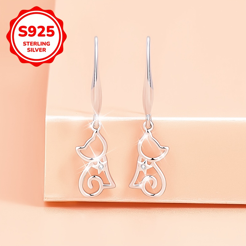 925 Silver Cat Hook Earrings + Ear Studs Set
