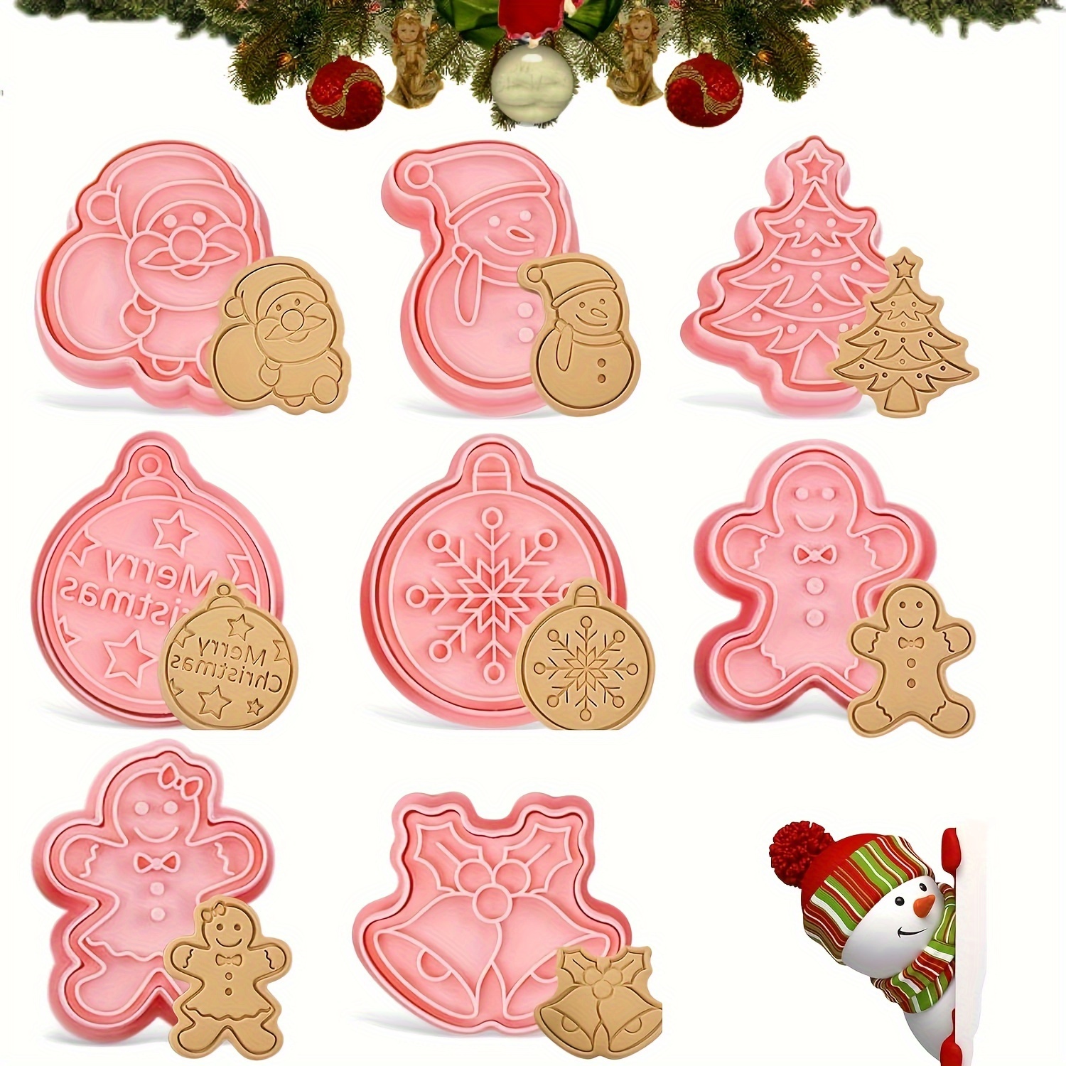 Set Of 8 Christmas-themed Cookie Cutters, Featuring 3d Designs Including A Gingerbread Man, Christmas Tree, Snowman, Santa Claus, Bells, Snowflakes, And A Festive 'merry Christmas' Stamp