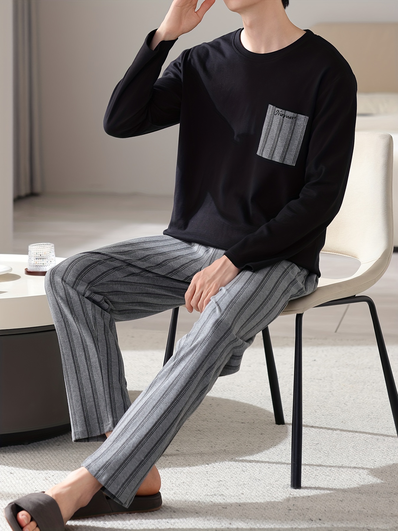 1set Men'S Casual Cotton Pajama Set, Long Sleeve Round Neck Sleepwear with Pockets, Loose Fit Knitted Pullover for Spring/Autumn - Comfortable Thin Cotton Outfit