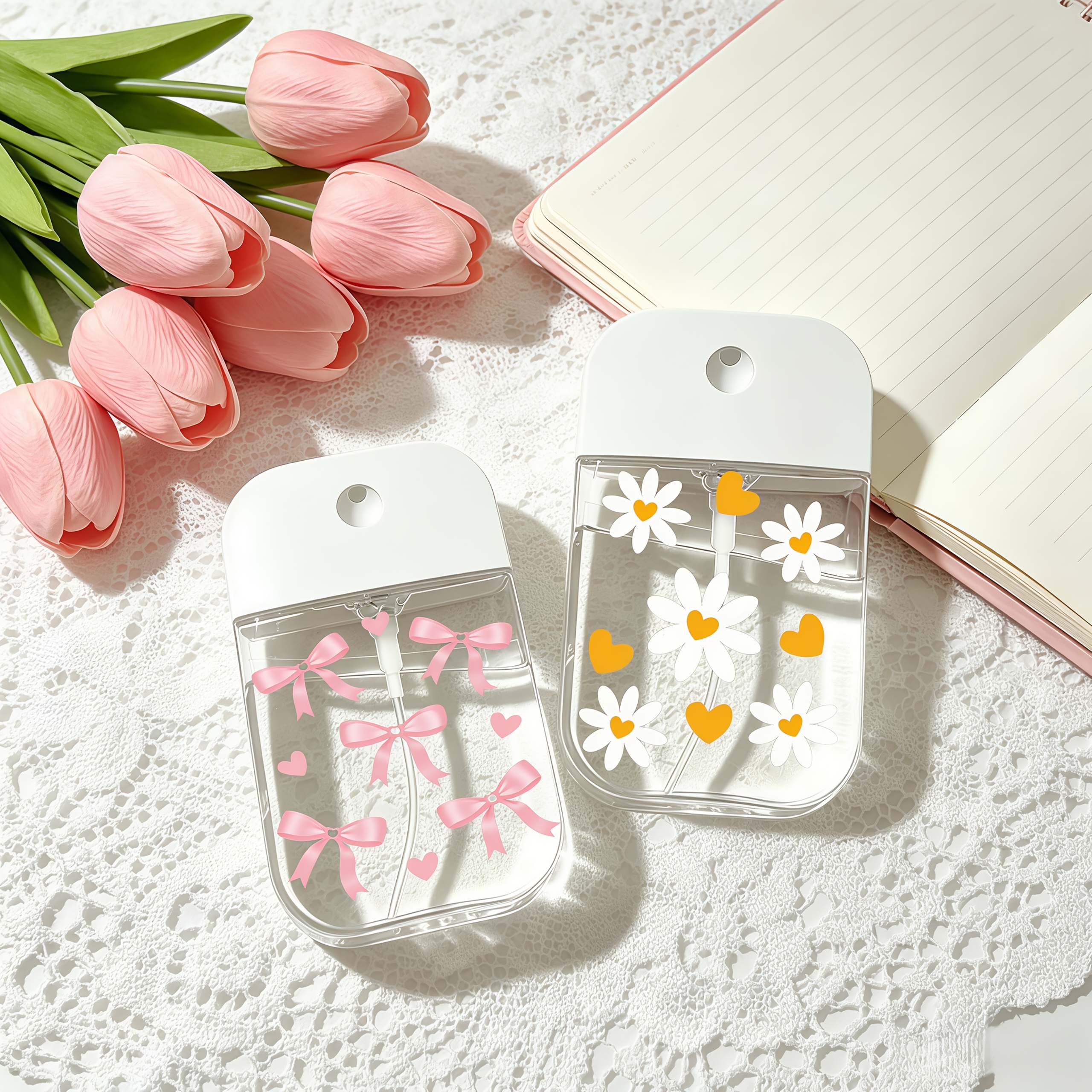 TEMU 2pcs Daisy Bow Print Mini Spray Bottle 50ml Transparent Portable Travel Makeup Mist Dispenser Refillable Cosmetic Bottle Birthday Gift For Women