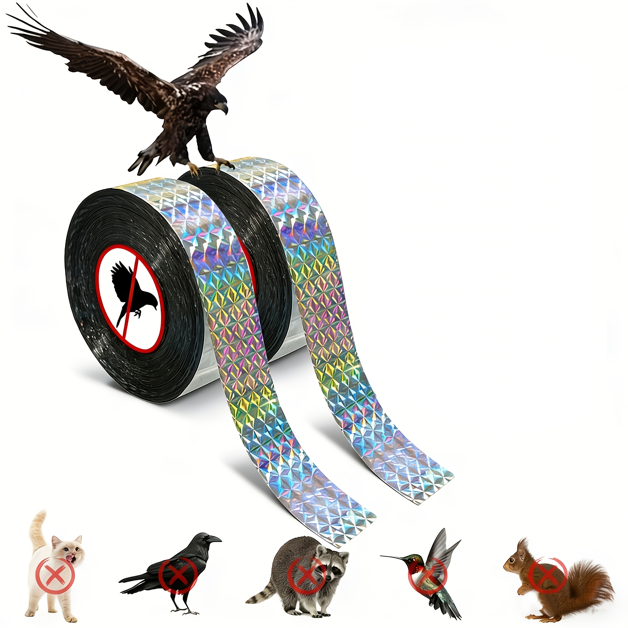 TEMU 2 Rolls Double-sided Iridescent Bird Repellent Ribbons, Bird Protection, Balcony Outdoor Reflective Shimmering Bird Tape, Scare Birds And Cats,