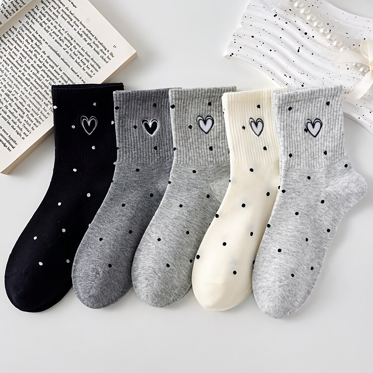 TEMU 5-pair Women's Mid-calf Socks With Elegant Polka Dot And , Soft And Breathable Ribbed Socks, Casual And Versatile Everyday Socks For Women, Cute