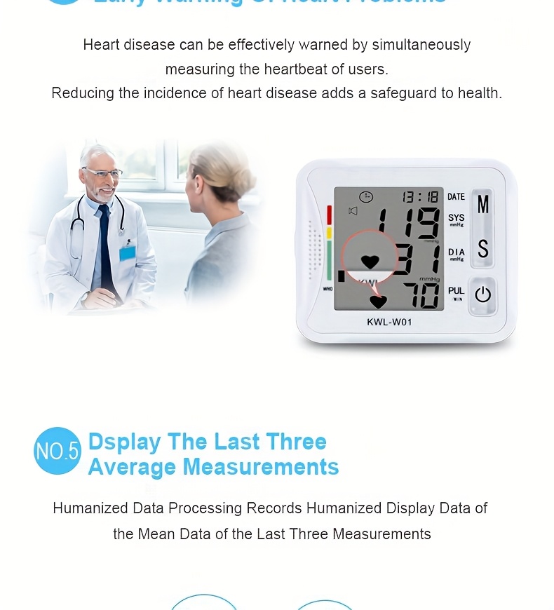 w01 wrist   bp blood pressure meter stethoscope   precise measurement lcd display voice broadcast suitable for high and low blood pressure heart rate irregular detection battery not included Product details 8