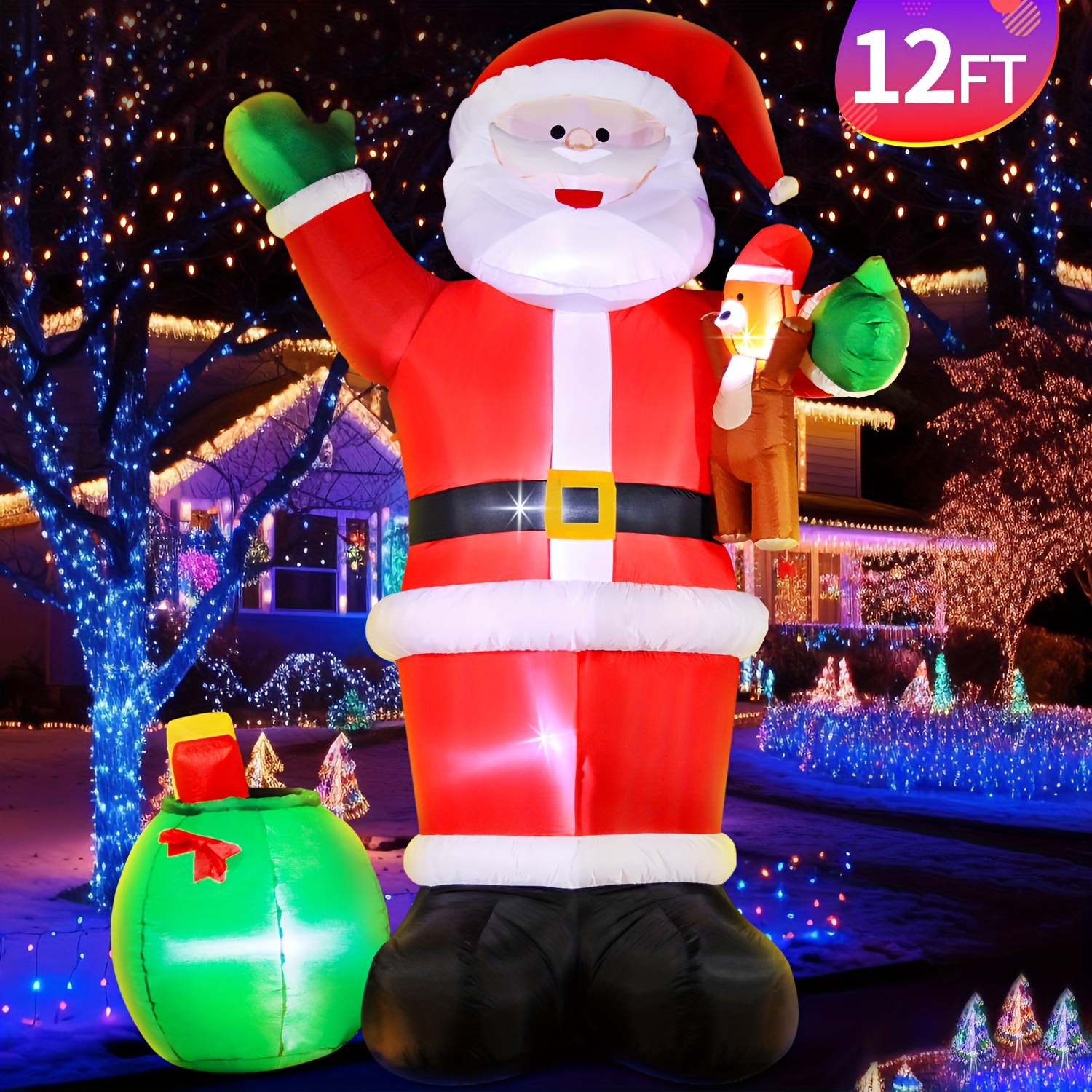 

12 Ft Christmas Inflatable Decoration Bag And Bear, Led Decoration For Decor