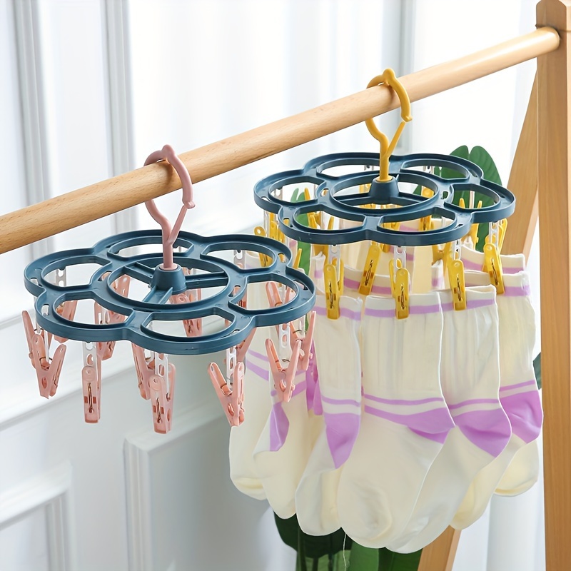 

Plum Blossom Windproof Clothes Drying Rack With Plastic Clips - Multifunctional Underwear & Sock Hanger For Home Storage