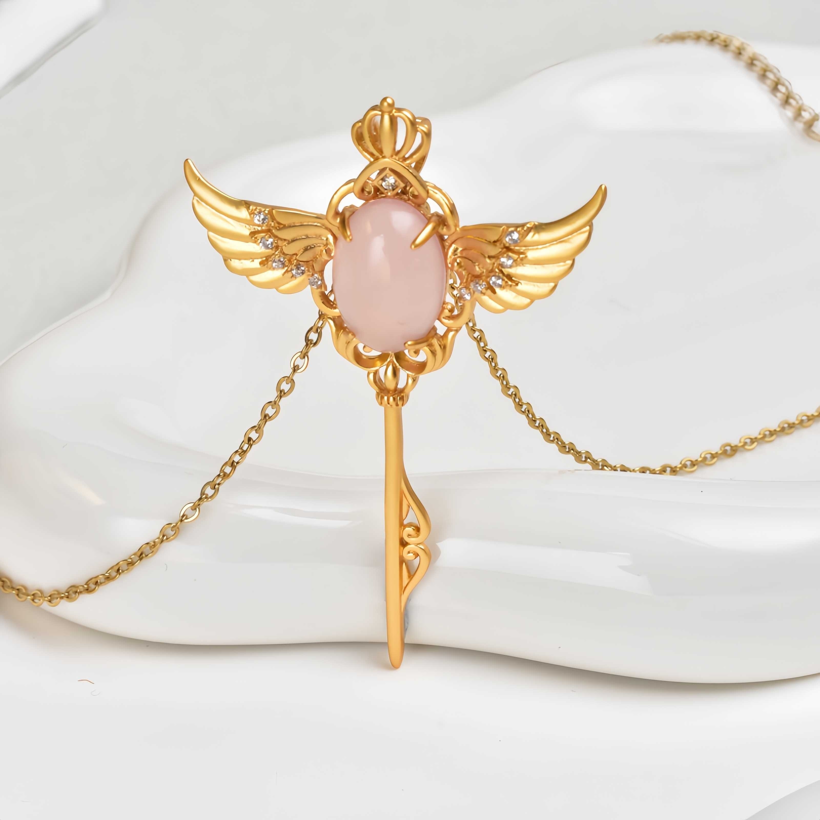 1pc Retro Elegant Style Golden Pendant Necklace, Inlaid With Natural Chalcedony Stone, Angel Wing Pendant Golden Chain Pendant Necklace Jewelry For Wo