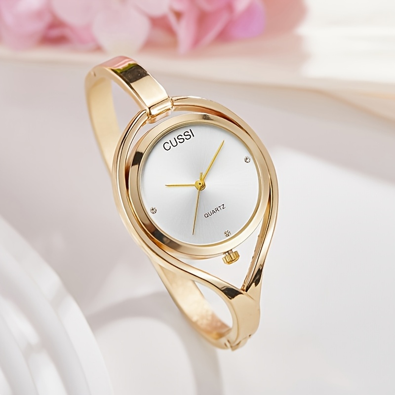 elegant womens quartz wristwatch with hollow out design round alloy case and band bracelet details 0