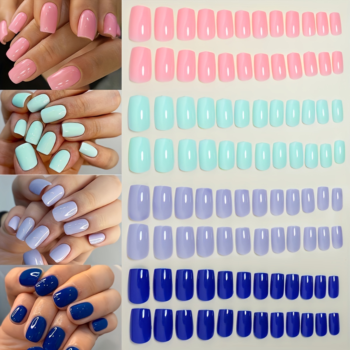 

96pcs Mixed Press On Nails Set With Nail & Mini File - Square Short False Nails In & Assorted Solid Shades - Pure Coverage Nail Kit For Women And Girls.