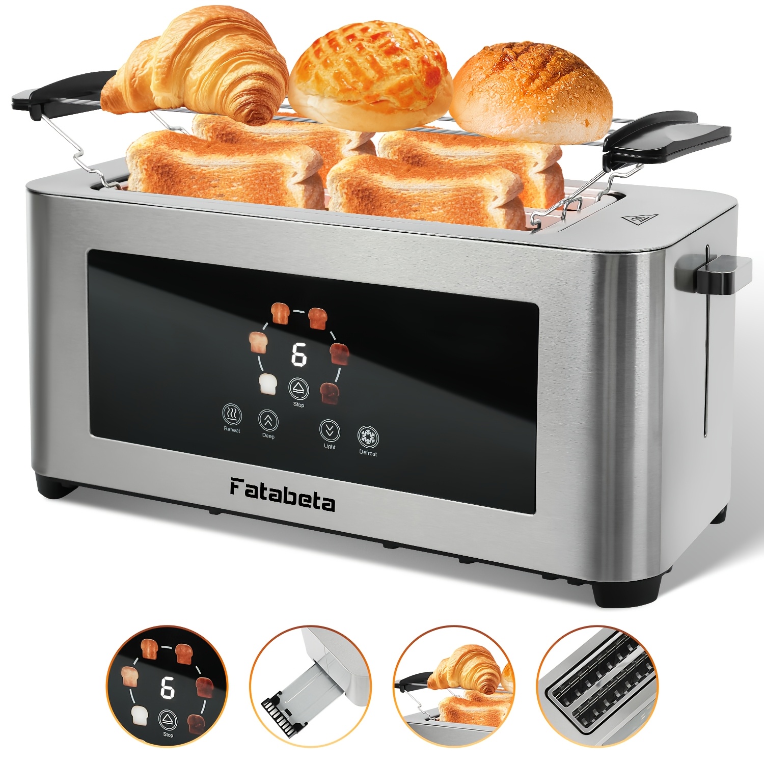 Image of Toaster Bread Toaster 1400w, Toaster Stainless Steel, Lcd Touch Display, 2 Wide Toast Slots, 4 Slices Toaster, 7 Browning Levels, With Bun Warmer, Removable Crumb Tray