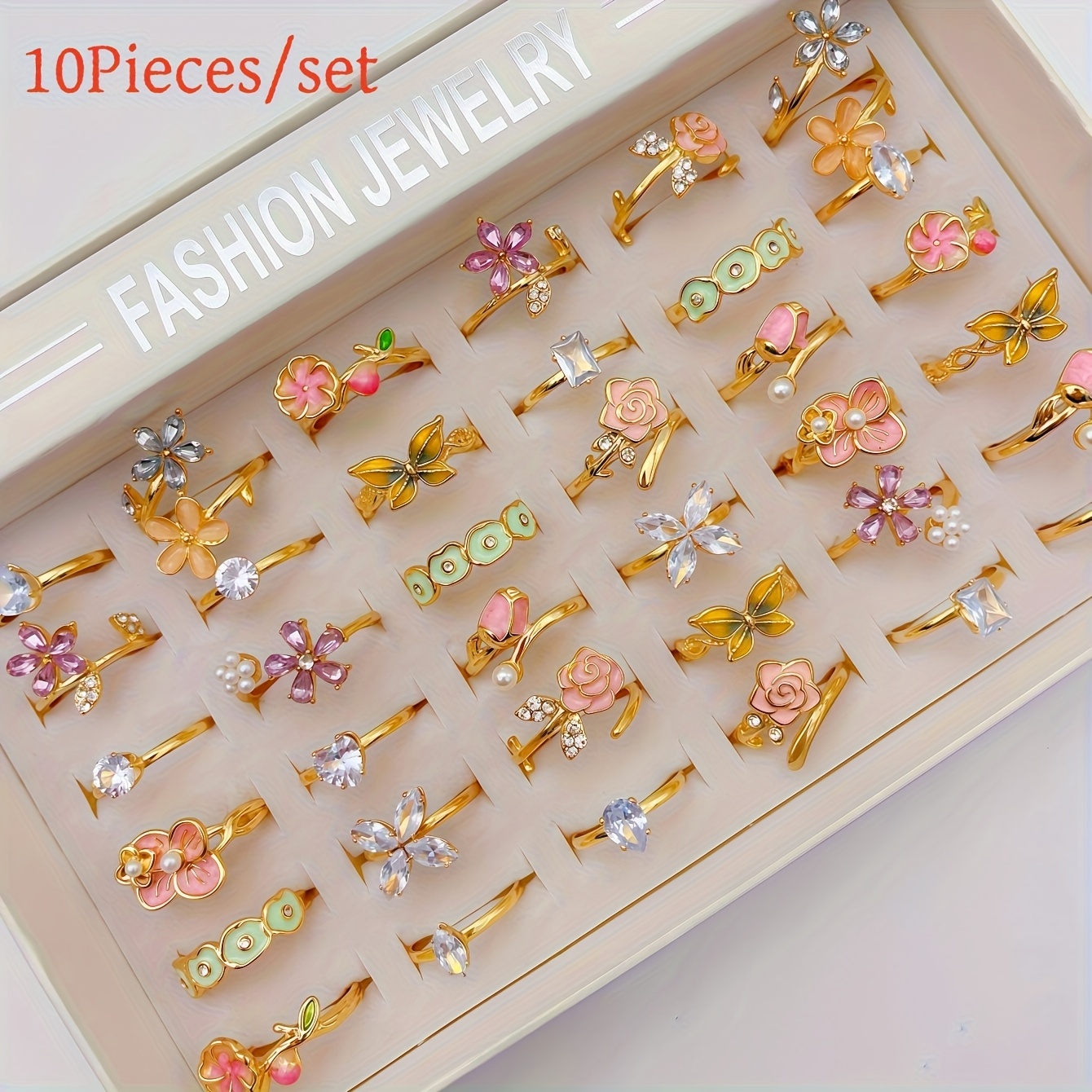 TEMU Juego de 10 anillos de moda para mujer con pedrería , , estilos surtidos, anillos abiertos ajustables para uso diario, regalo y accesorios de