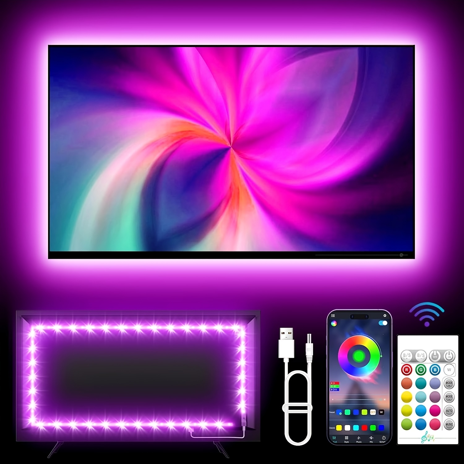 TEMU 6.57ft Led Tv Backlights, Rgb Strip Lights For Tvs, Wireless App And Remote Control With Music Sync, Usb Powered For Gaming And Bedroom Use