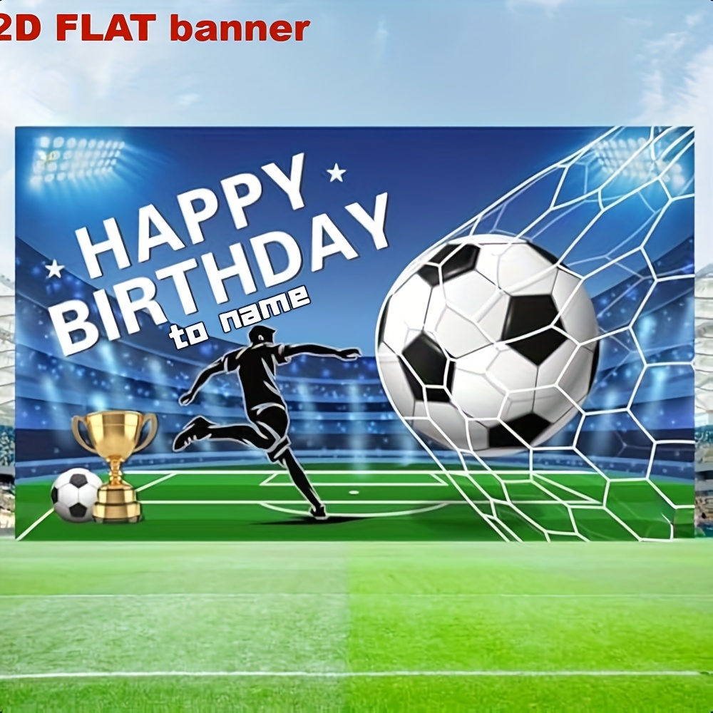 TEMU Bannière de fond de fête d'anniversaire de football personnalisable 2D plate - Design de terrain de football bleu personnalisé avec des trophées