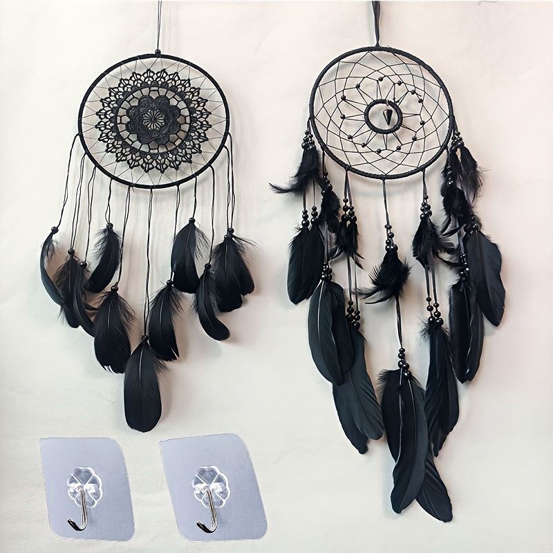 TEMU 4pcs Black Dreamcatcher Wall Hanging Set (2pcs Dreamcatchers And 2pcs Hooks). Black Floral Lace Crochet And Web Designs, Bead Decor, Dangling