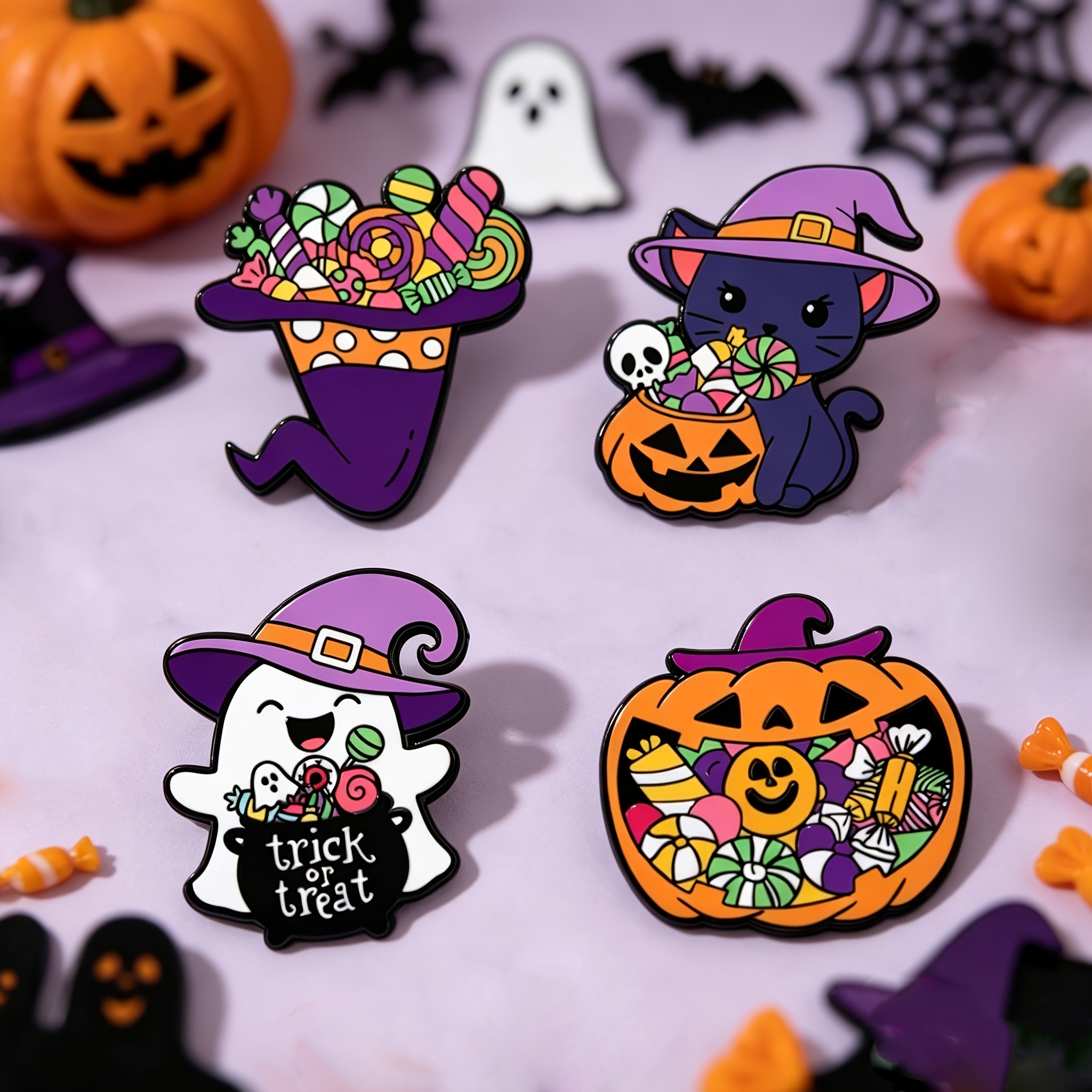 TEMU Lot de 4 badges de bonbons d'Halloween style dessin animé - Chapeau de , et citrouille avec de bonbons colorés, convient pour robes, costumes et