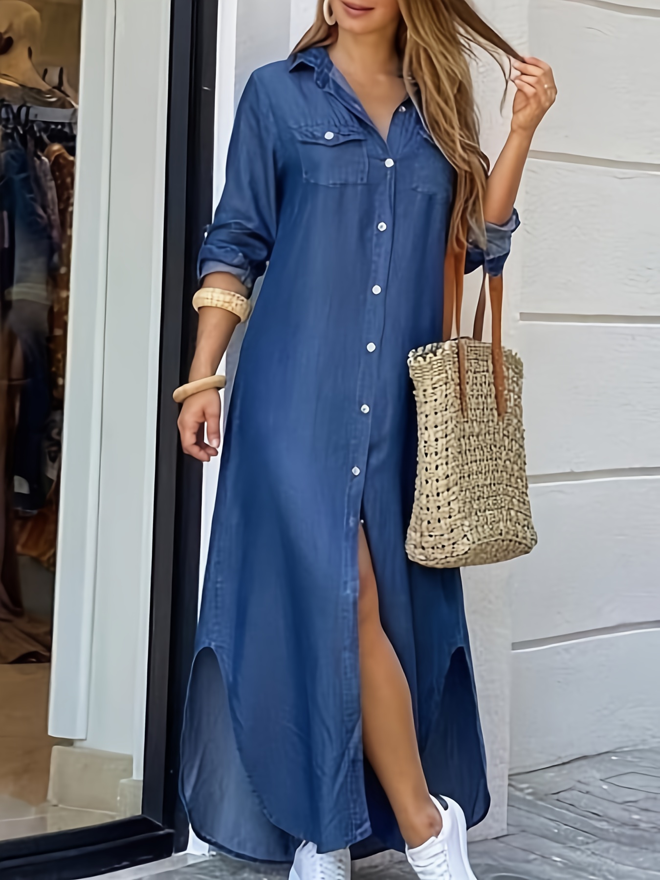 Women'S Casual Print Button Front Longline Denim Shirt Dress