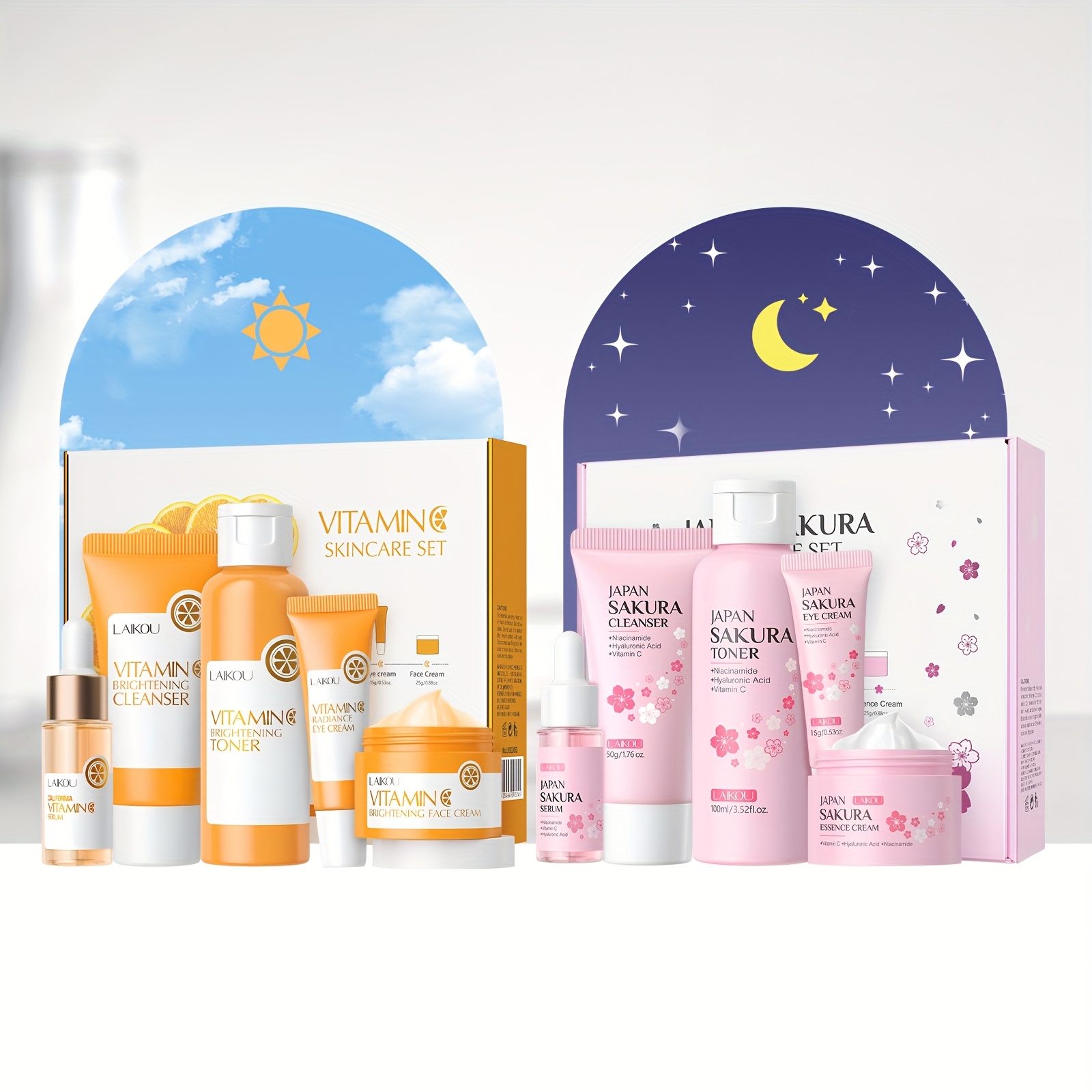 LAIKOU Vitamin C i Sakura Trešnjin Cvijet Svijetlo Bež Set za Njegu za Žene i Muškarce - Dnevni i Noćni Rutinski Komplet s Serumom Vitamina C za Posvjetljivanje i Sakura Proizvodima za Hidrataciju - Prikladno za Sve Tipove Svijetlo Bež Kože (Osjetljiva, Suha, Masna) - Idealno