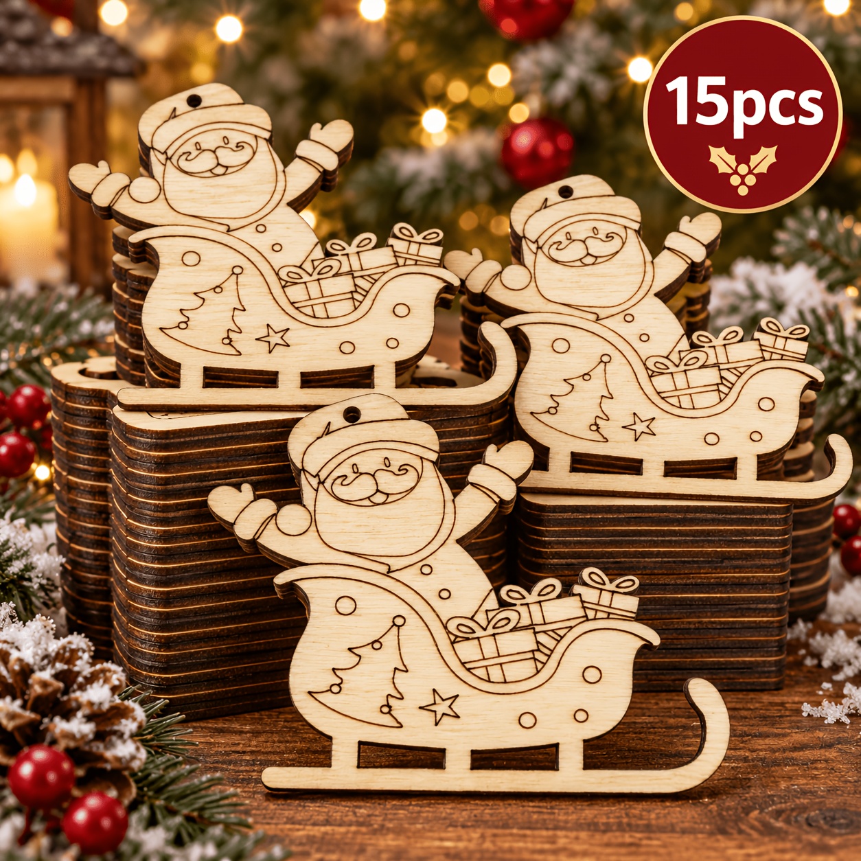 TEMU 15pcs Wooden Santa Sleigh-shaped Ornaments, Santa Claus Gift-shaped , Very Suitable For Hanging During Holidays, Suitable For Drawing And ,