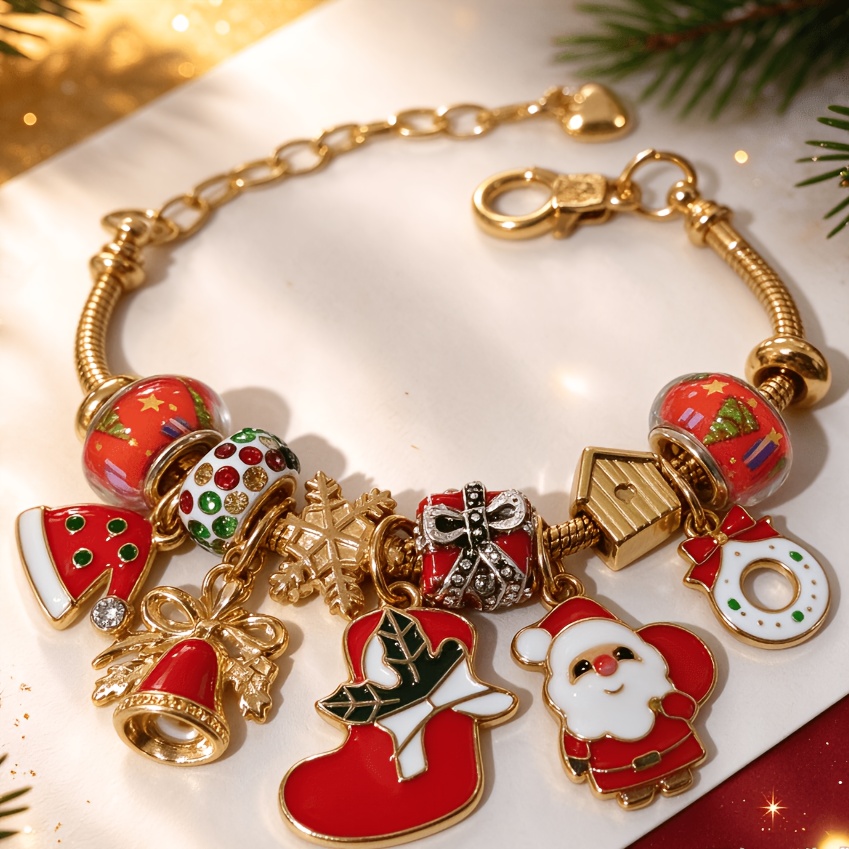 TEMU Exquisite Christmas Theme Bead Snake Bone Bracelet Bead Bracelet Wristband Enamel Santa Claus Santa Hat Bell Christmas Stocking Gift Box Pendant