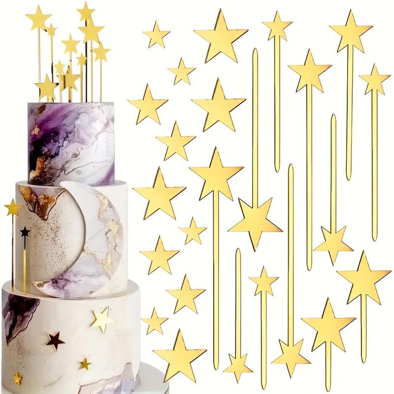 Image of 24pcs Cake Topper, Pentagram Star Birthday Decorations, Mirror Golden Acrylic Cake Toppers For Cake Decorating Supplies, Ideal Party Favors，halloween，christmas