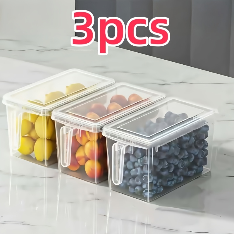 TEMU 3pcs Refrigerator Storage Containers With Handles - Durable Plastic Food Organizer Bins For Fruits, Vegetables, Grains, Meats & Drinks,