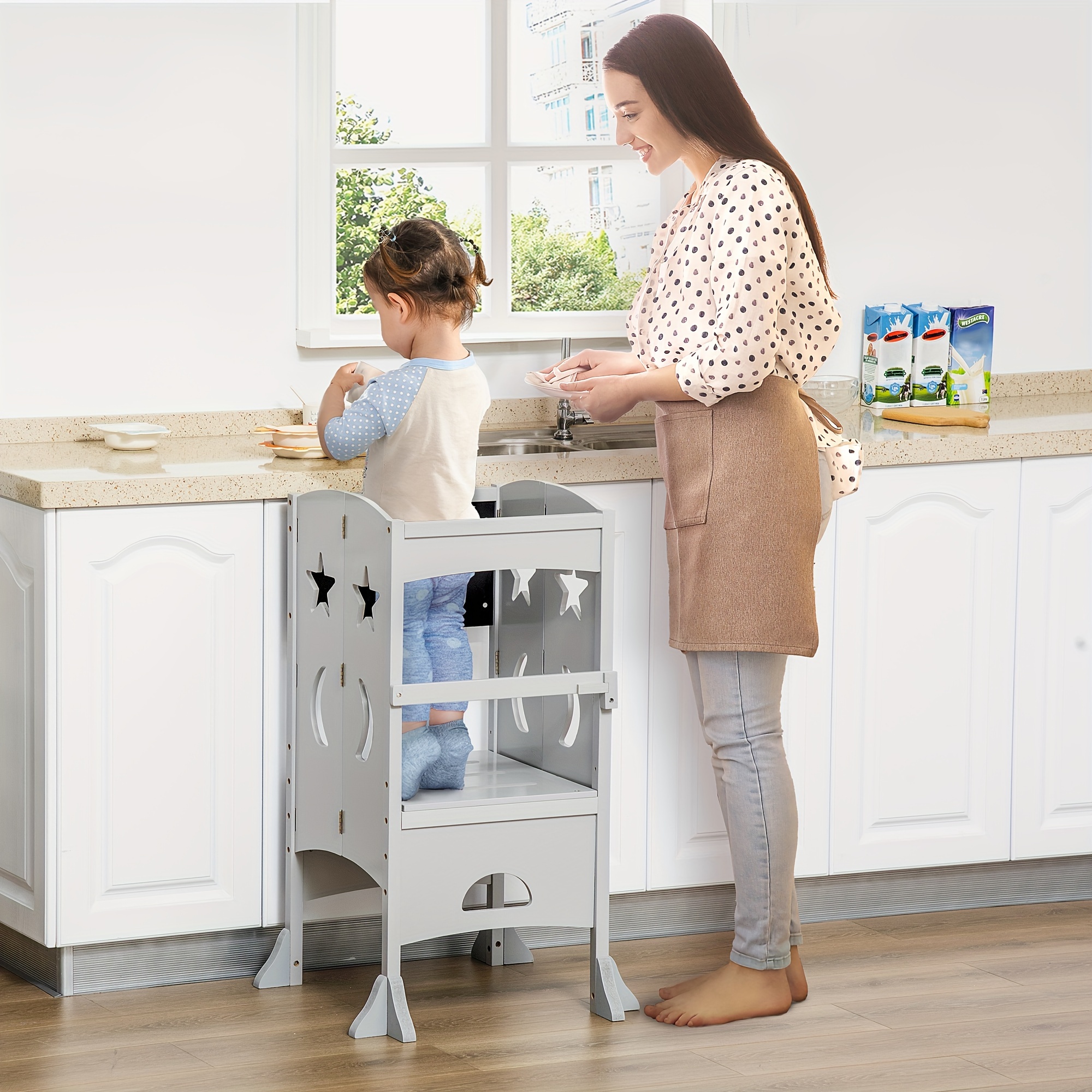 

Qaba Kids Foldable Kitchen Step Stool With Chalkboard And Lockable Handrail For Children 3-6 Years Old, Gray