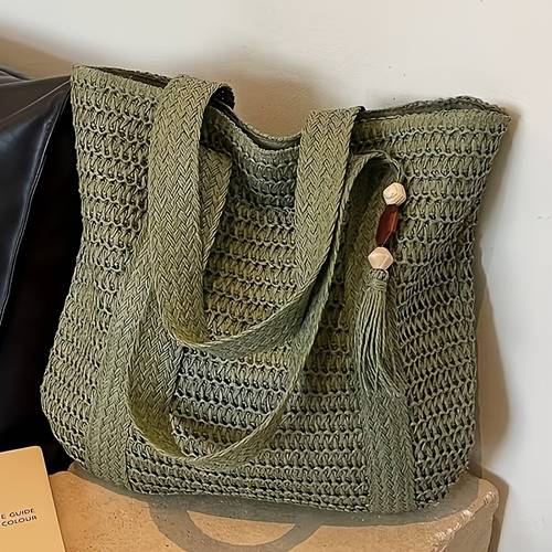 elegant large capacity woven tote bag fixed shoulder straps zipper closure ideal for daily shopping and travel perfect