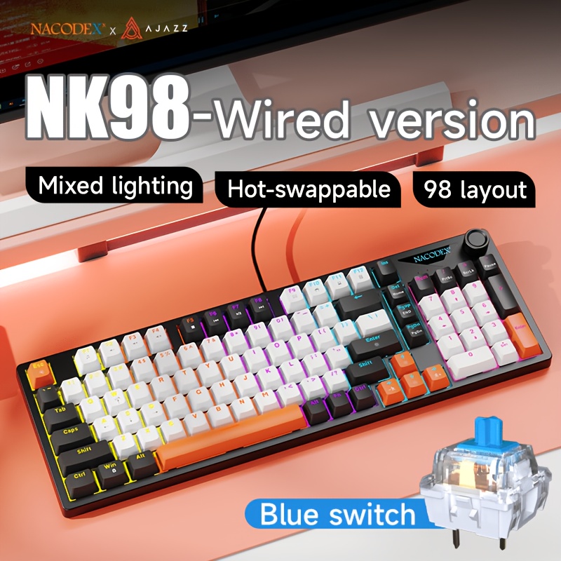 Ajazz Nk98 Wired Mechanical Keyboard 98 Keys Compact Layout Full Keys Hot-swappable Golden Volume Knob Three-color Backlight Boat Shell Structure Office And Game Dual-use