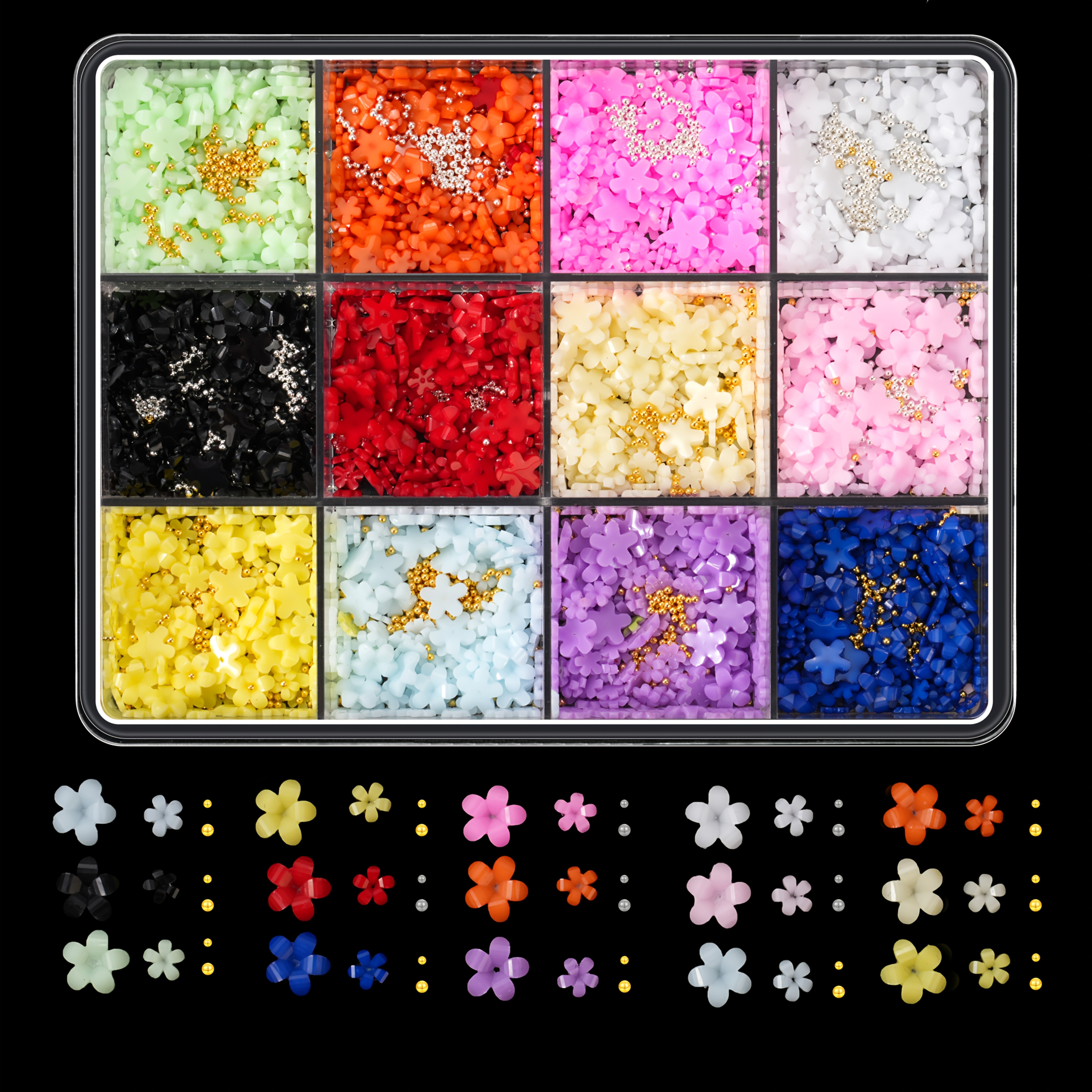 chinese style 1500pcs 12 grid colorful five petal flower nail art charms set 3d resin flowers golden and silvery caviar beads hypoallergenic   suitable for manicure and diy crafts nail  