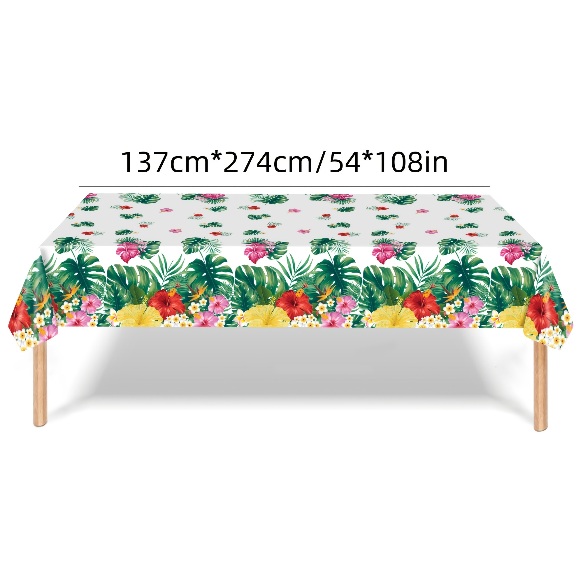 TEMU 1pc Hawaii Disposable Plastic Tablecloth 137cm * 274cm - Leaf And Hibiscus Flower Pattern,wedding Decorations,summer Decoration,garden Decor For