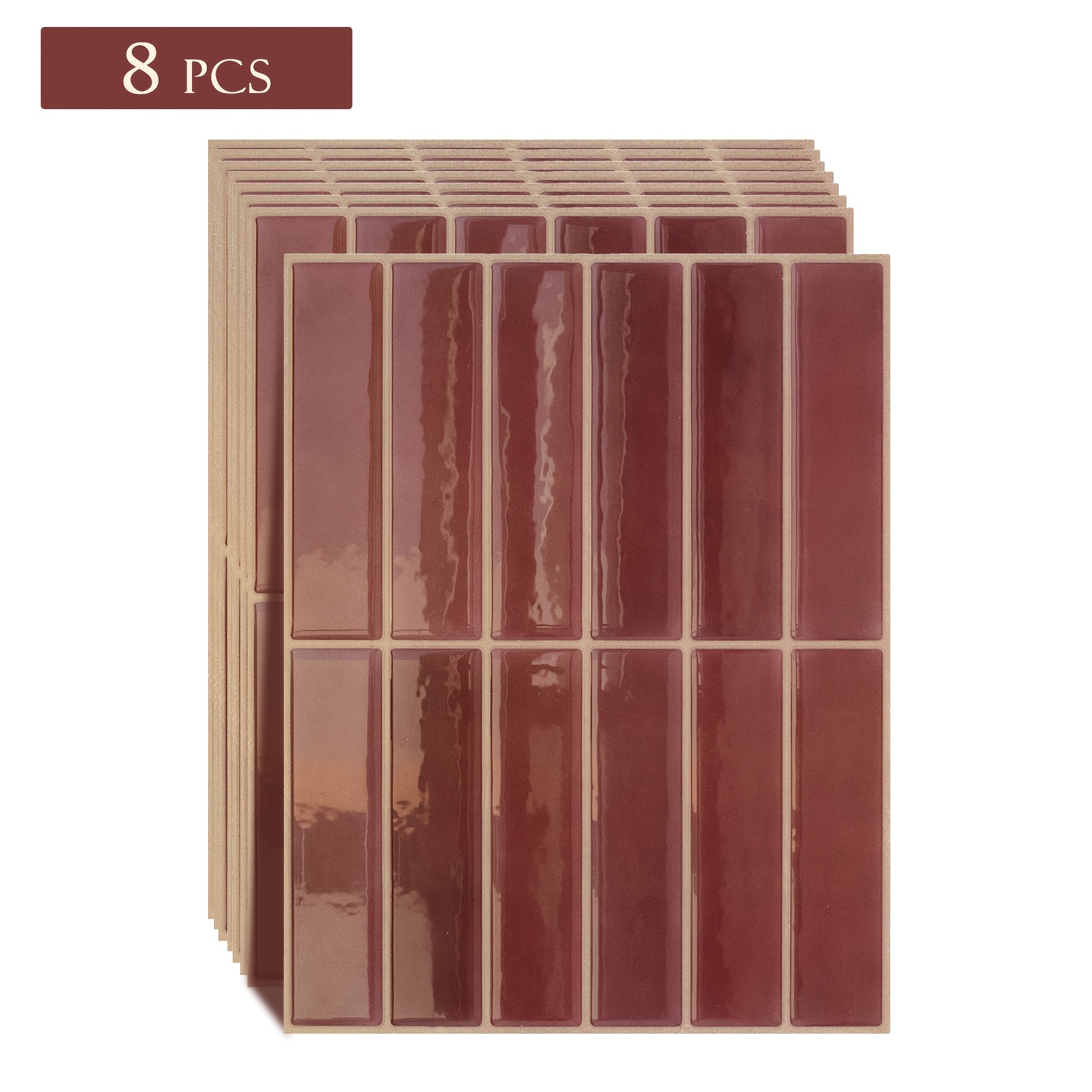 Image of 8 Sheets Shinyhome Self-adhesive Burgundy Glossy , Peel And Stick Backsplash For Kitchen And Bathroom Walls, Waterproof Oil-proof Easy Clean, Cuttable Removable Diy Wall Decor