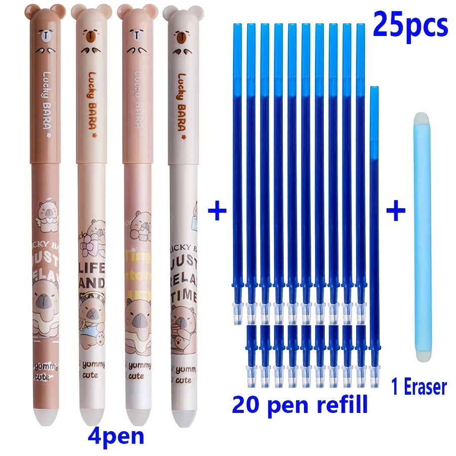 Image of 25pcs Erasable Gel Ink Pen Set, Cute Bear Cap Pens, 0.5mm Fine Tip Blue And Black Ink Pens, Kawaii Stationery Pens, Suitable For Office And School Supplies (4 Pens + 20 Refills + 1 Eraser