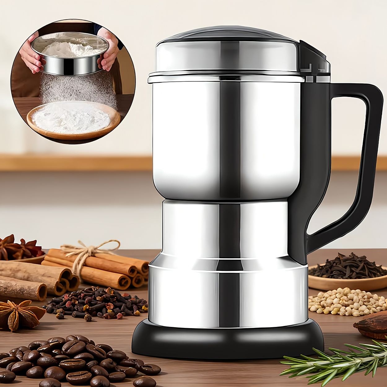 a large multifunctional electric grinder this 300w powerful coffee grinder   of 304 grade stainless steel and features an american   can grind   ingredients coffee beans and spices