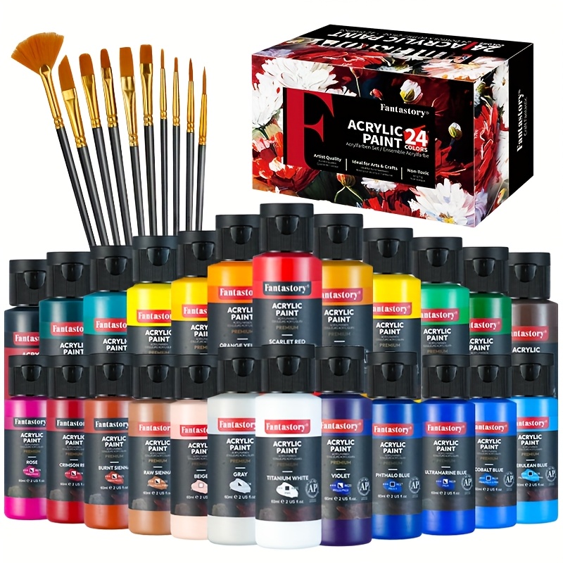 TEMU 24pcs Acrylic Paint Set, 24 (2oz/60ml), Professional Craft Paint, Art Supplies Kit For Adults, Rock/glass/wood Painting With 12 Brushes, Halloween, Christmas, Fall