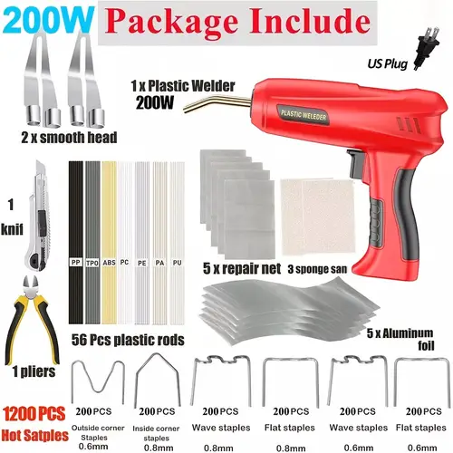 200w hot stapler car bumper welder gun plastic repair kit 1200 plastic welding kit car bumper repair kit hot stapler plastic repair kit for car dashboards motorcycles kayaks childrens riding toys recycling bins etc without battery