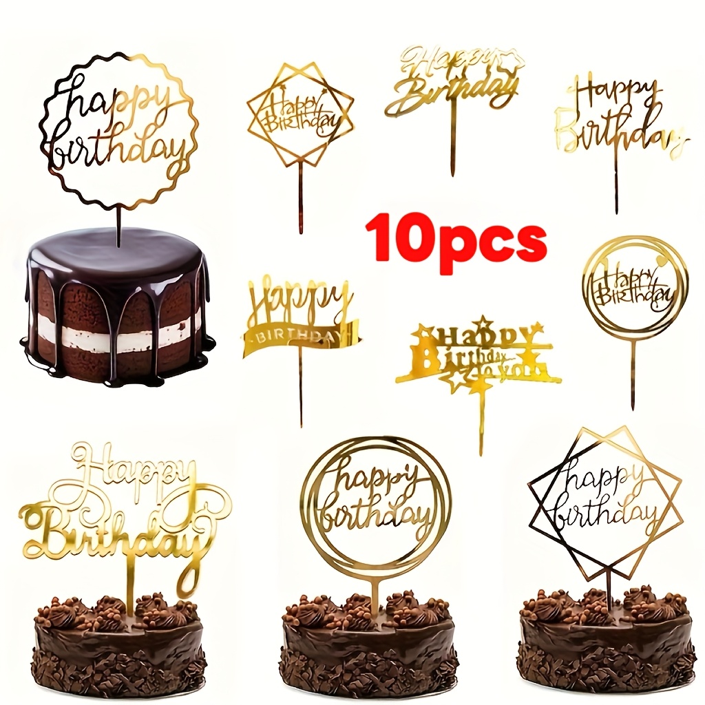 Image of 10pcs, Acrylic Cake Inserts, Party Cake Decor, Golden Glitter Cake Topper, Happy Birthday Letter Inserts Card, Birthday Party Cake Decor, Creative Baking Supplies, Holiday And Birthday Gifts