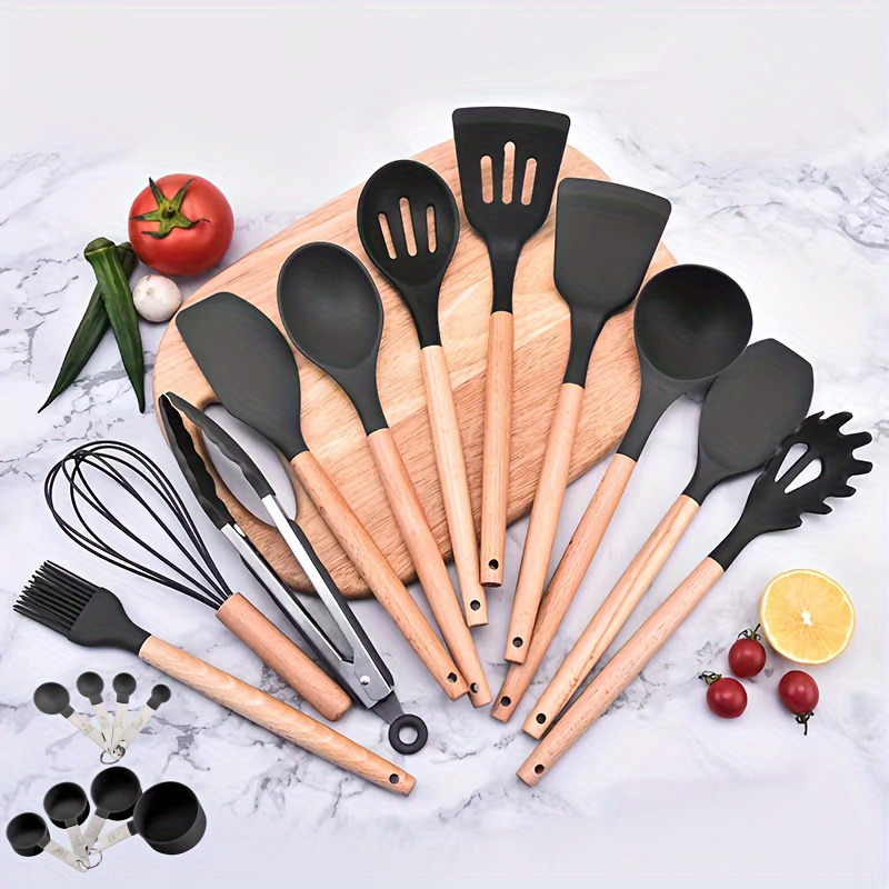 

Silicone Kitchen Utensil Set - Food Contact Safe Cooking Tools With Wooden Handles, Durable And Heat Resistant Cookware Accessories