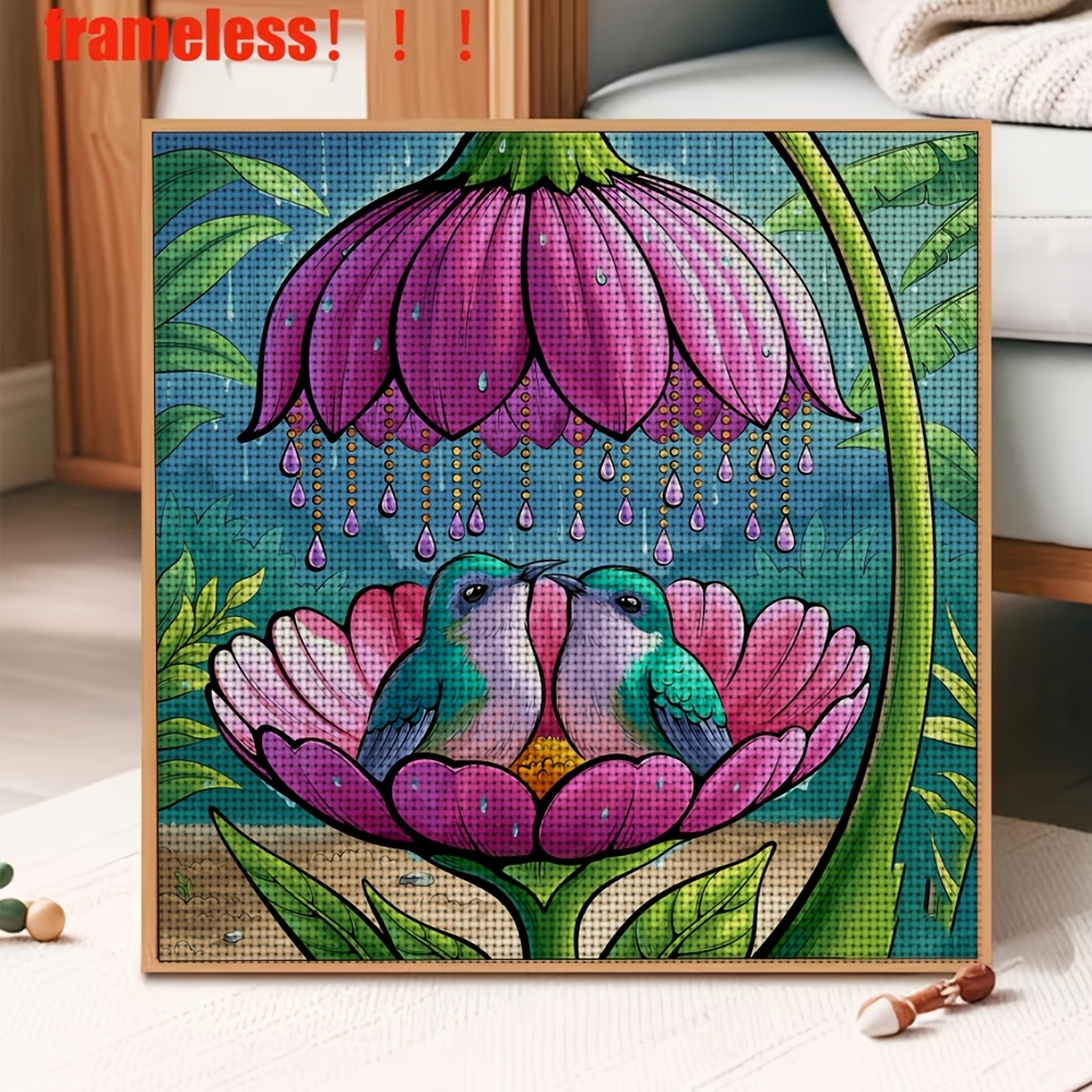 Cross Stitch Printed Kit, Frameless, Two Birds in The Flowers Design