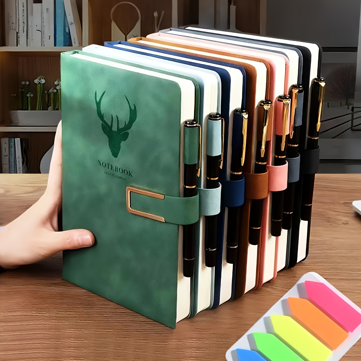 Personalized 10pcs Set - A5 Notebook with 360-Page Thick   Leather Snap Closure,   1 Writing Pen + 3 Refills + 100 Fluorescent Sticky Notes in 5 Colors, Ideal for Office, Meetings & Home Use