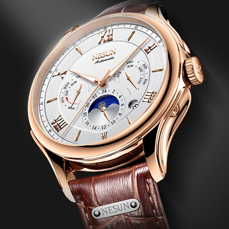 Men's Multifunctional Stainless Steel Mechanical Watch with Leather Strap