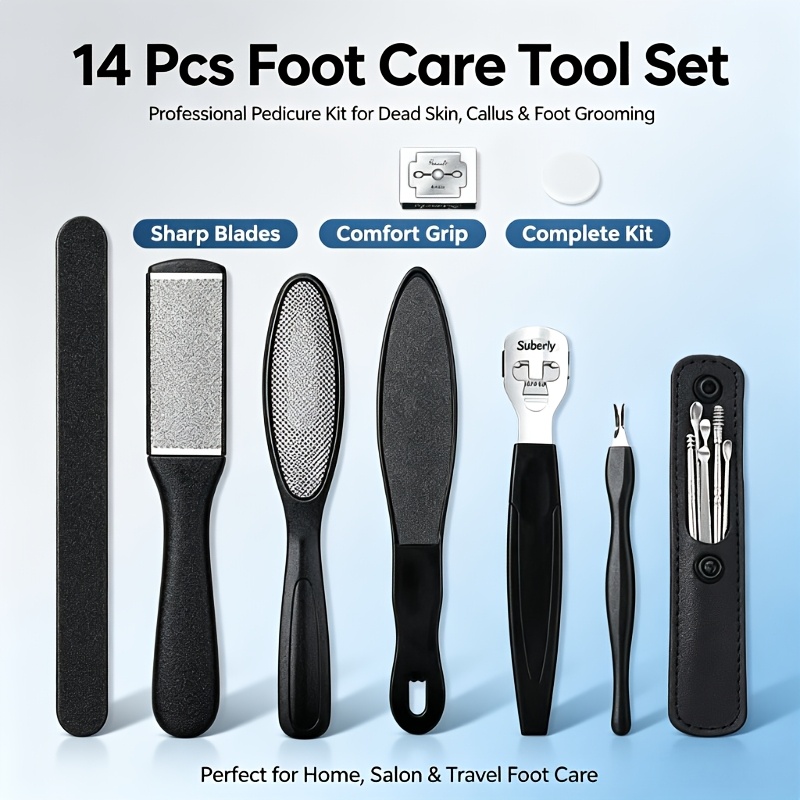 TEMU Kit de 14 pièces pour soins des pieds, ensemble de grattoirs exfoliants en acier inoxydable, ciseaux à peaux mortes, coupe-peaux mortes, kit SPA