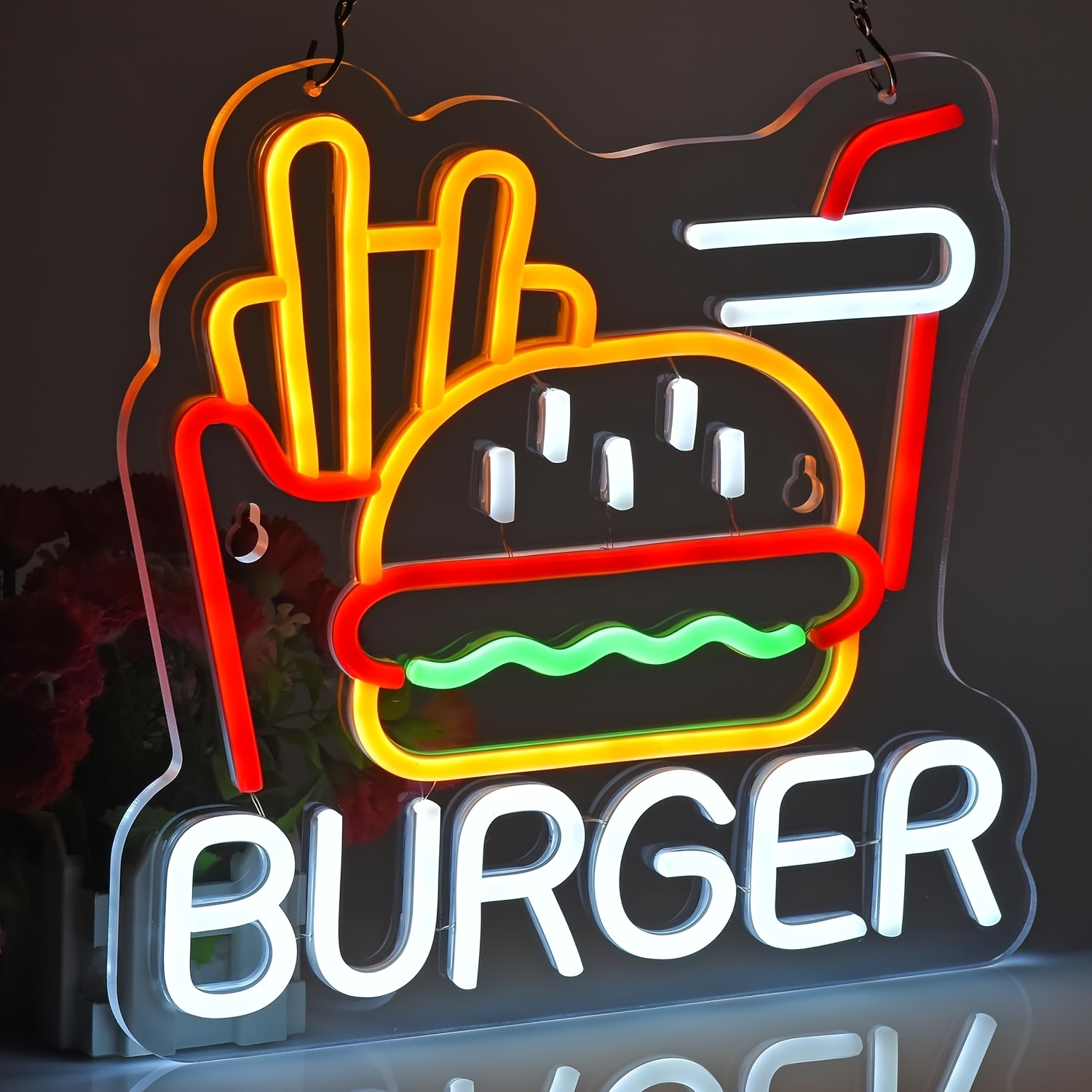 Image of Fomzze Burger Fries Neon Sign For Wall Decor Art Hamburger Led Neon Light Business Signs For Bar For Man Cave Decoration, Usb Light Compatible With Laptop
