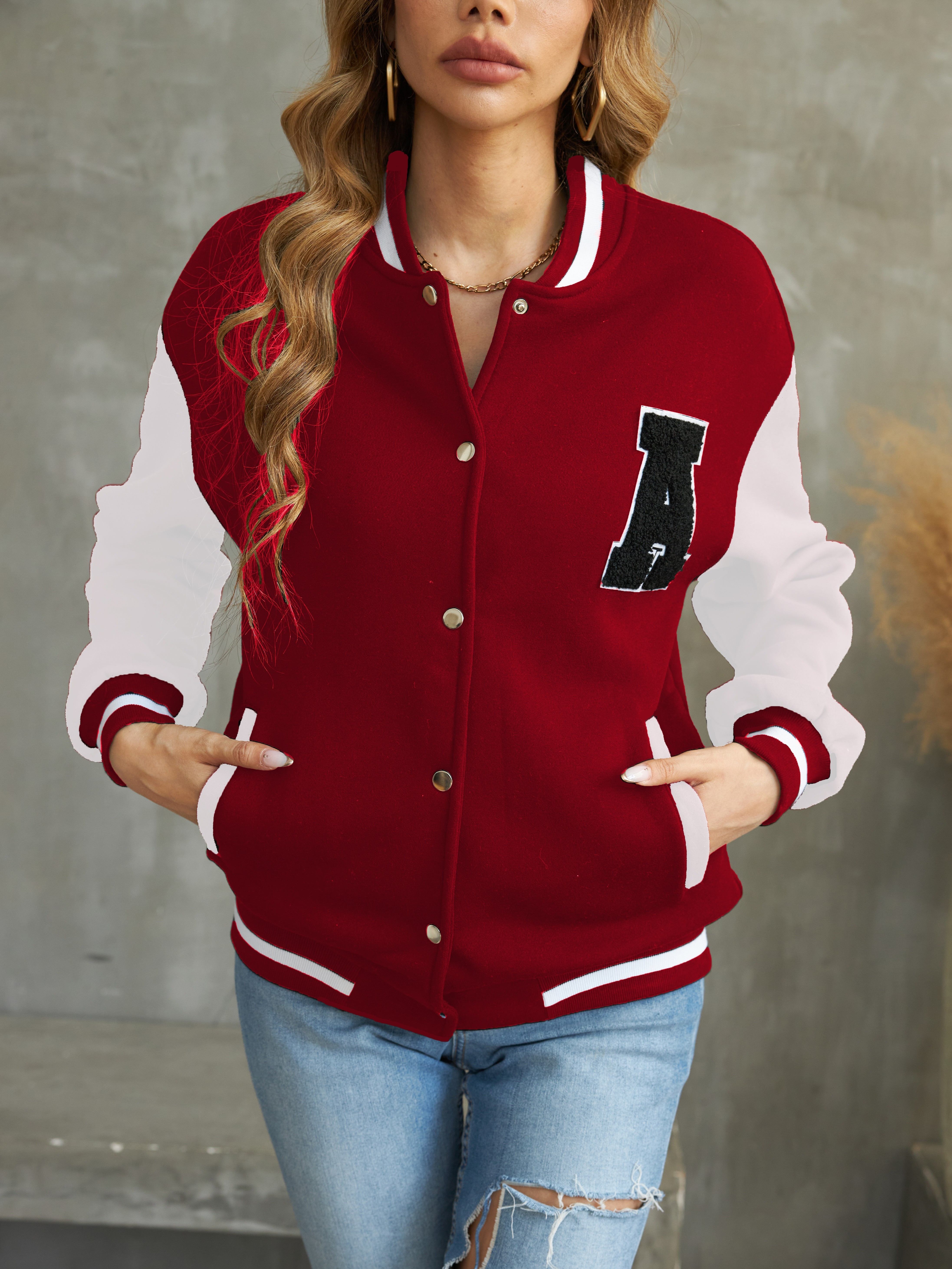 Letter Pattern Varsity Jacket, Street Wear Button Front Jacket, Women's  Clothing